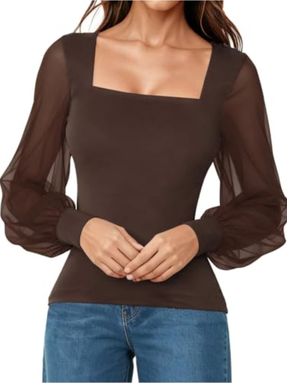 Square Neck Mesh Puff Sleeve Top Slim Fit Blouse for Women